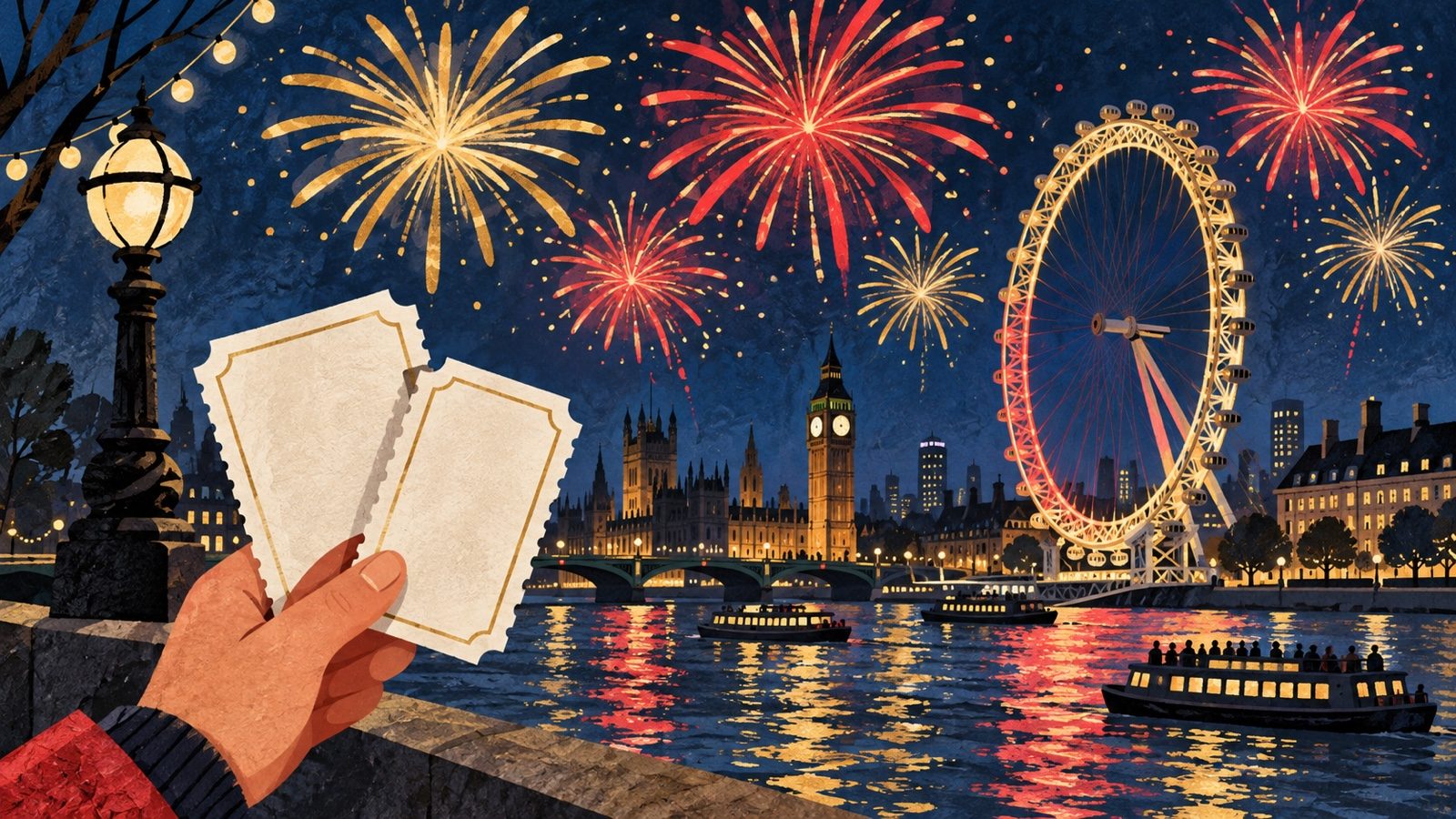 Два билета на фоне London Eye и салюта над Темзой — иллюстрация выбора новогоднего мероприятия в Лондоне
