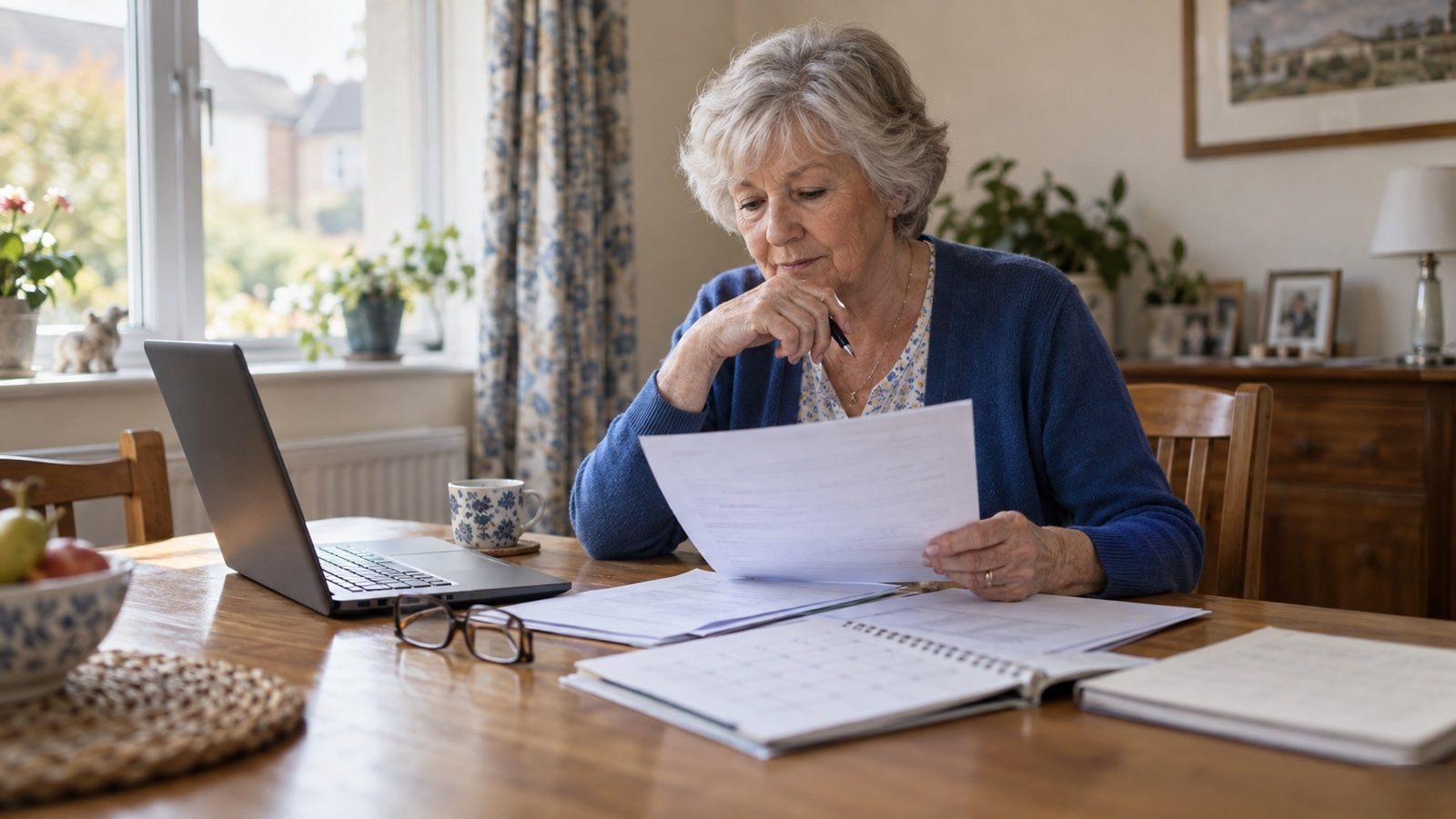 Пожилая жительница Великобритании сверяет документы для заявления на Pension Credit за домашним столом