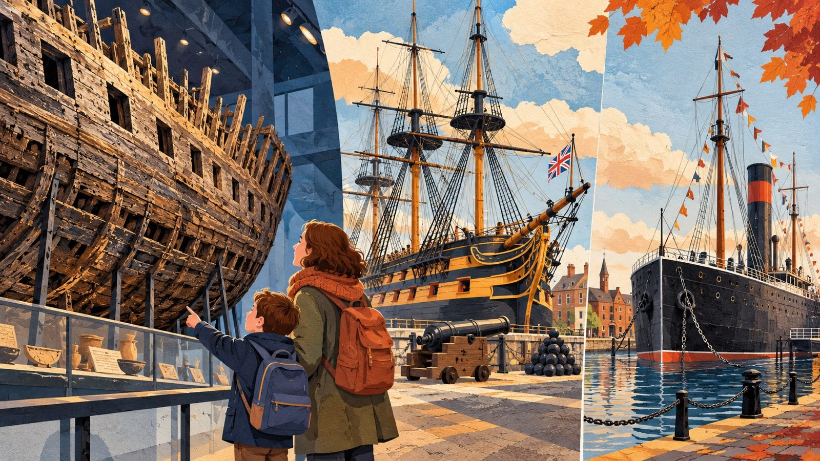 Иллюстрация: родитель и ребёнок у музейного корпуса Mary Rose рядом с парусным и железным кораблями