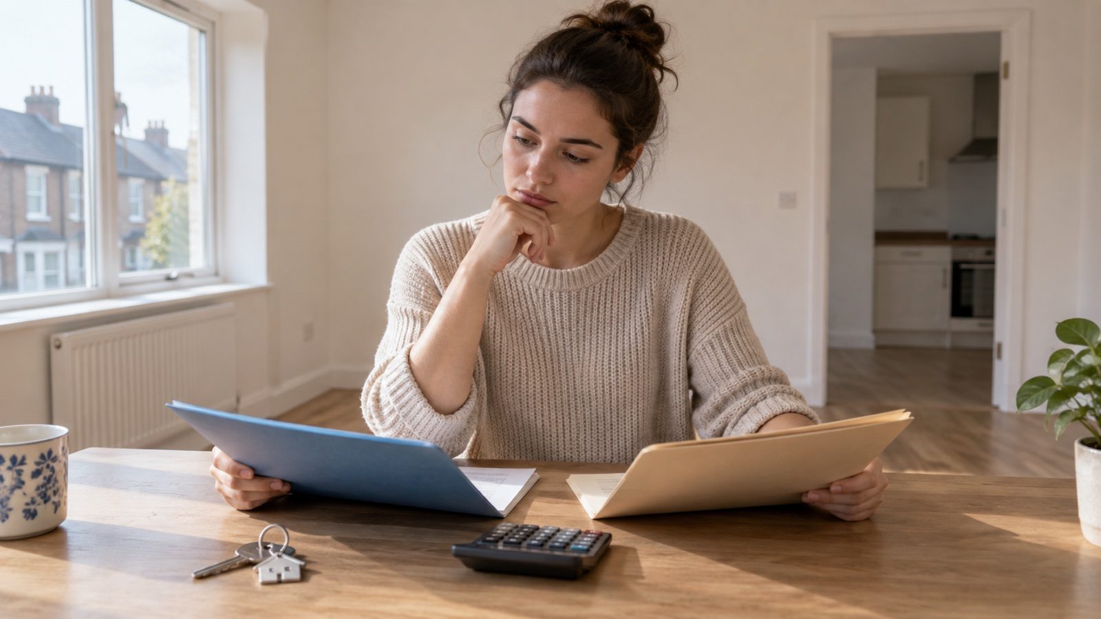 Женщина в арендованной квартире сравнивает два комплекта документов рядом с калькулятором и ключами